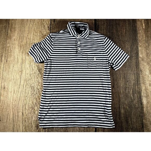Polo Ralph Lauren Navy Blue Striped Classic Fit Polo Shirt Medium - Picture 1 of 7